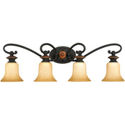 Quoizel Genova GE8604SE vanity light with four amber spiral-textured shades and curled dark arms