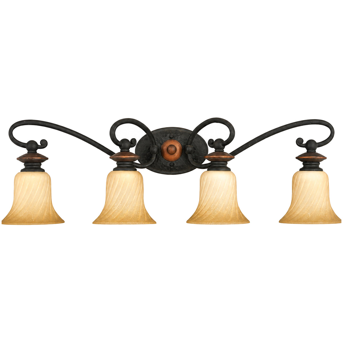 Quoizel Genova GE8604SE vanity light with four amber spiral-textured shades and curled dark arms