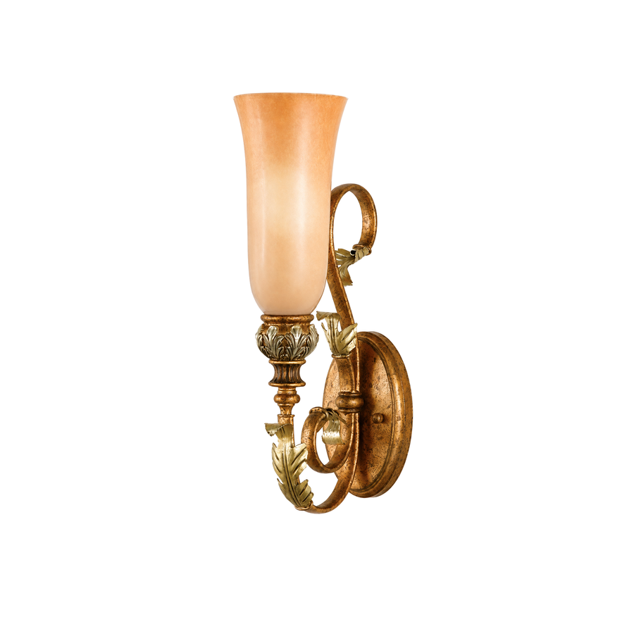 Quoizel Guinevere GU8701WG sconce with an amber-coloured shade, Welsh Gold scrollwork and leaf accents