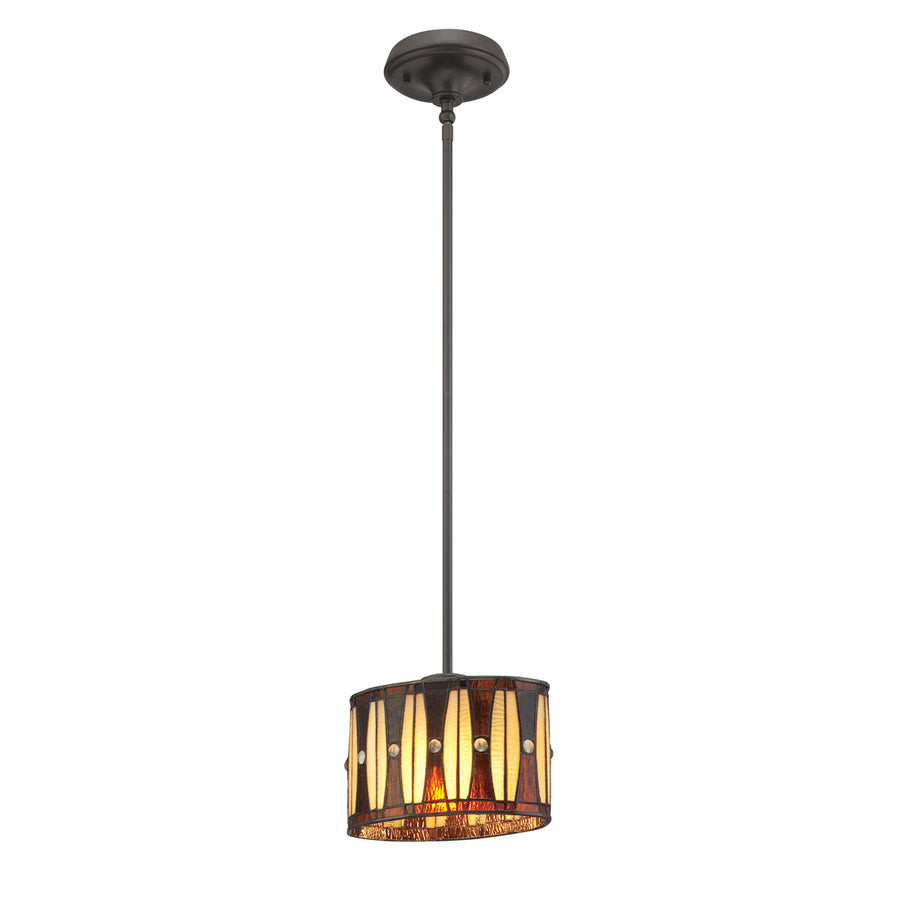 Hammond rod-hung pendant with an amber and red segmented glass shade and dark bronze trim.