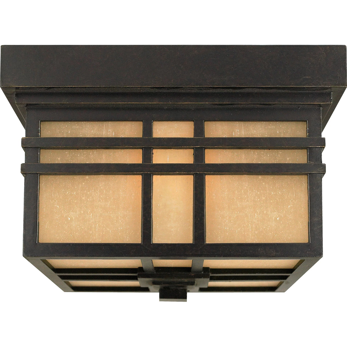 Quoizel Hillcrest HC1612IB flush mount with a square Imperial Bronze grid over warm pale panels