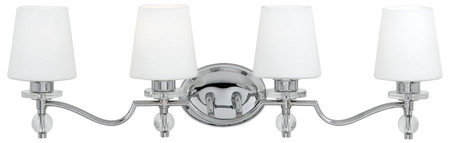 Quoizel Hollister vanity light with four white shades, polished-chrome arms and clear round accents