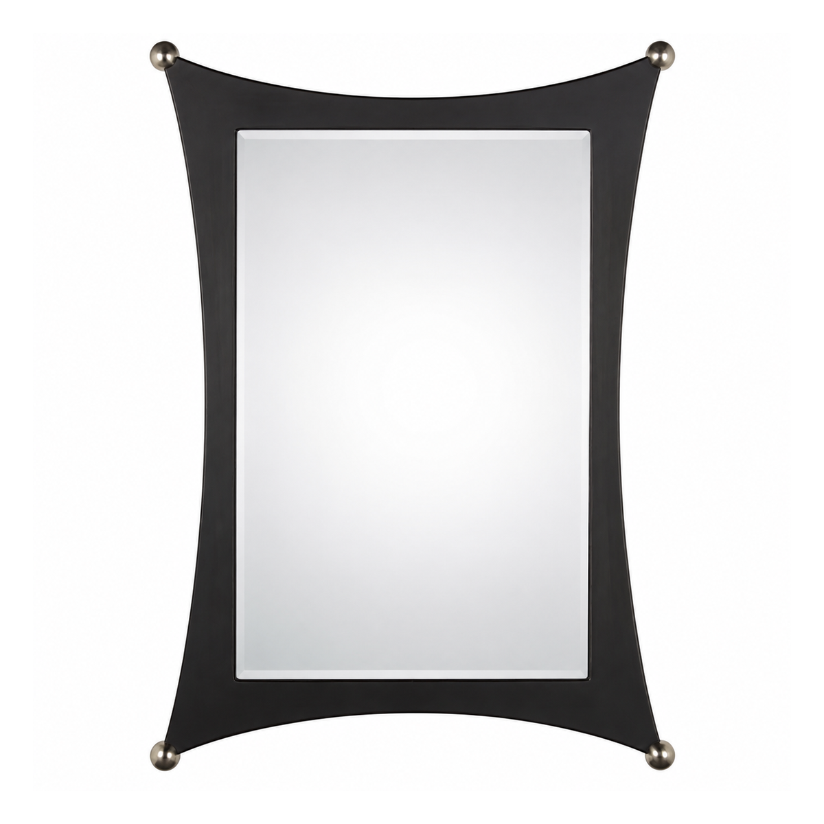 Quoizel Jasper JA43225PN mirror with a curved dark frame and metallic ball accents at the corners