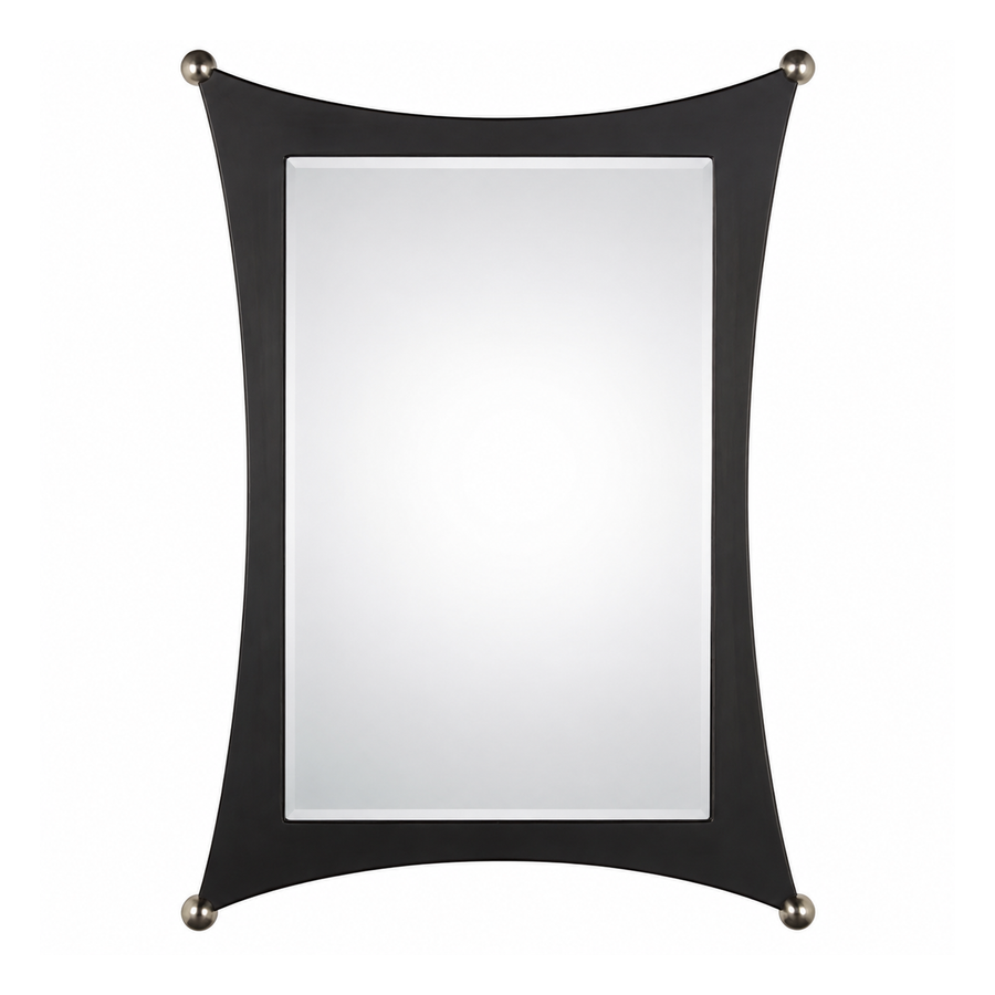 Quoizel Jasper JA43225PN mirror with a curved dark frame and metallic ball accents at the corners