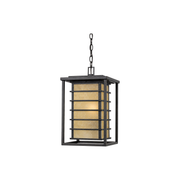 Quoizel Jonathan hanging lantern with amber-toned panels and geometric Imperial Bronze rails.