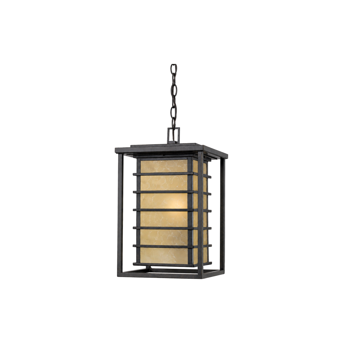 Quoizel Jonathan hanging lantern with amber-toned panels and geometric Imperial Bronze rails.
