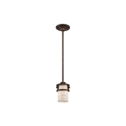 Quoizel Kyle mini pendant with a pale veined cylindrical shade and dark metal bands