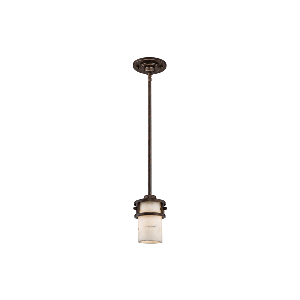 Quoizel Kyle mini pendant with a pale veined cylindrical shade and dark metal bands