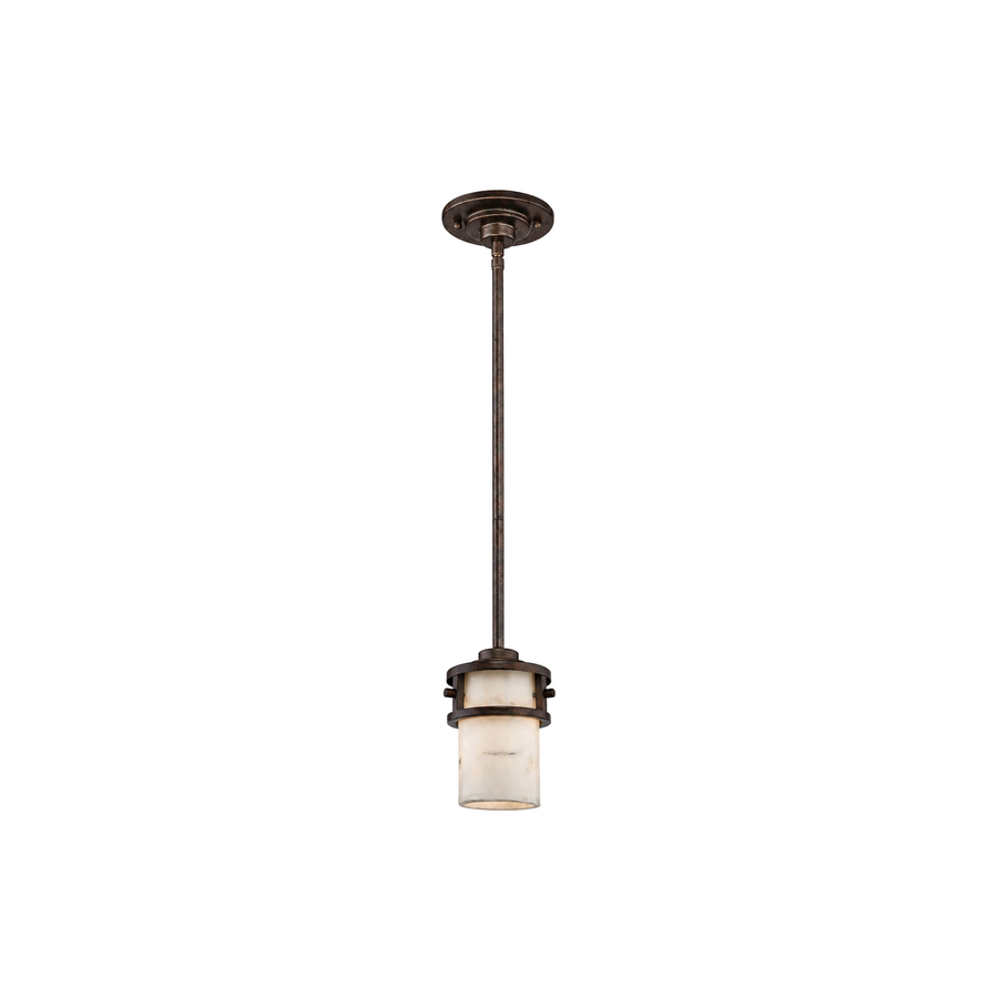 Quoizel Kyle mini pendant with a pale veined cylindrical shade and dark metal bands