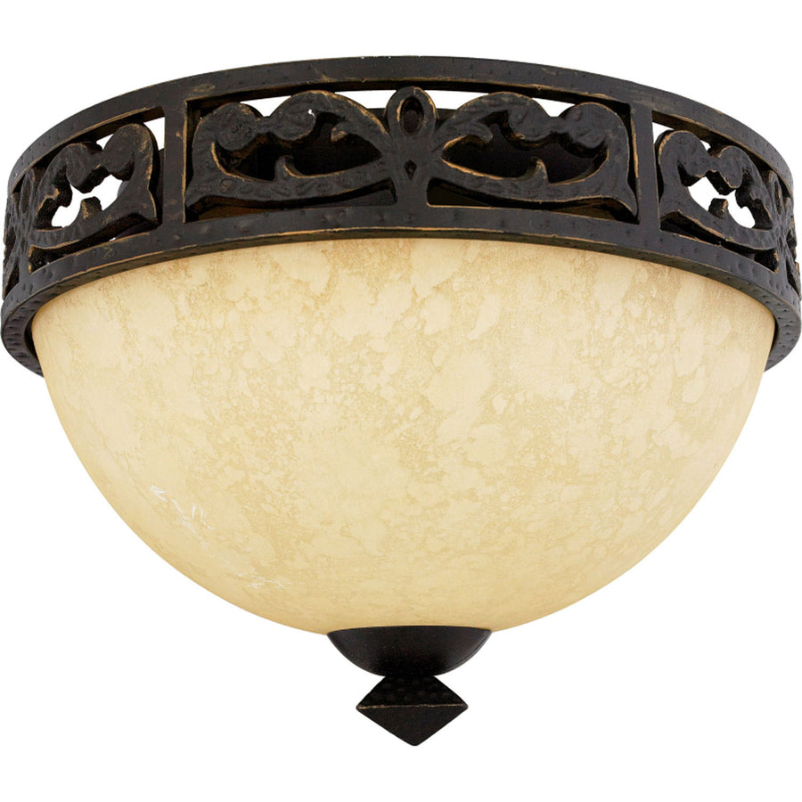 La Parra flush mount with an ornate bronze rim, pale textured bowl and pointed lower finial.