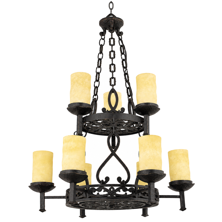 La Parra two-tier chandelier with bronze openwork rings, decorative chains and pale amber cylindrical shades.