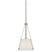 Millennium pendant with a white tapered shade inside slender pewter-tone triangular supports.