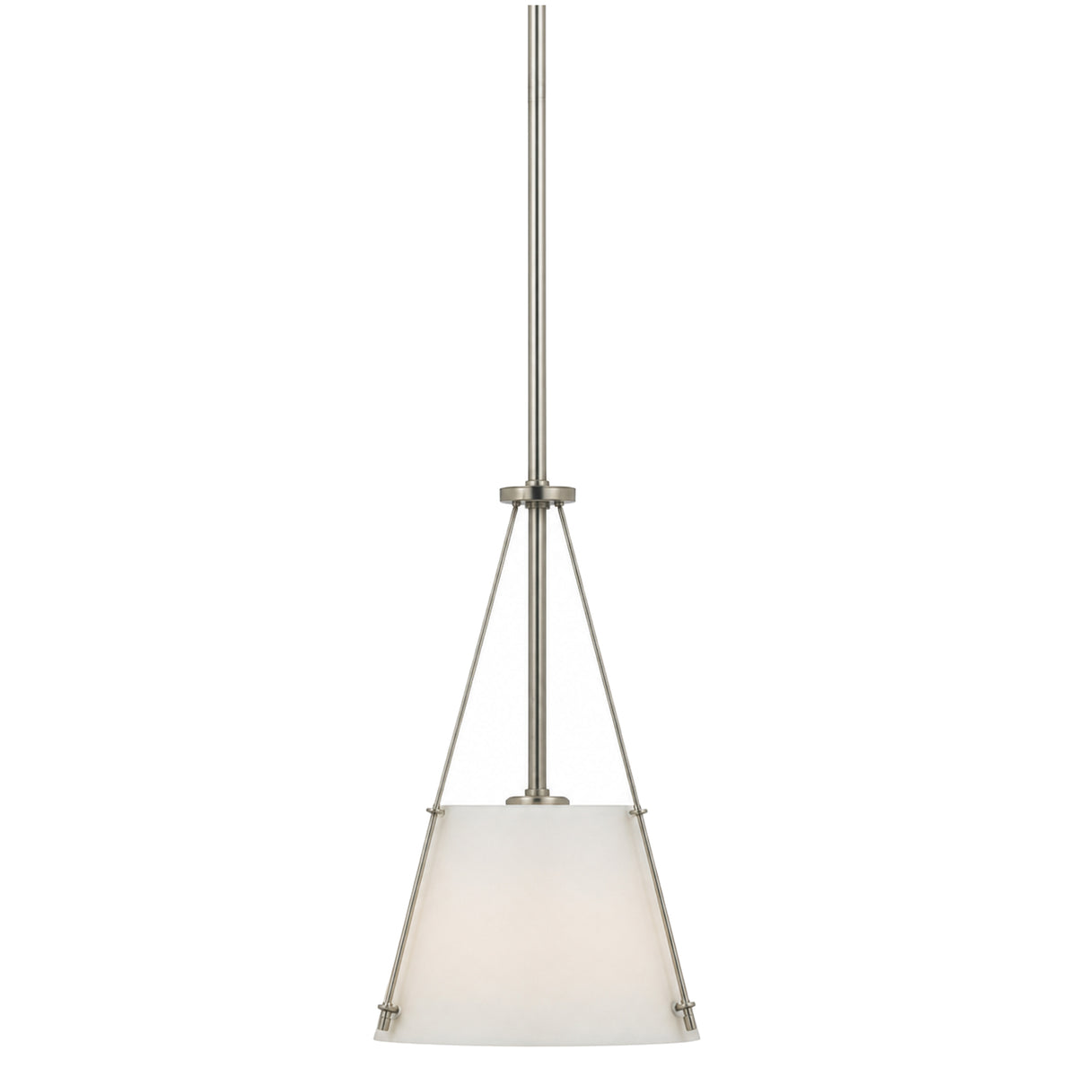 Millennium pendant with a white tapered shade inside slender pewter-tone triangular supports.