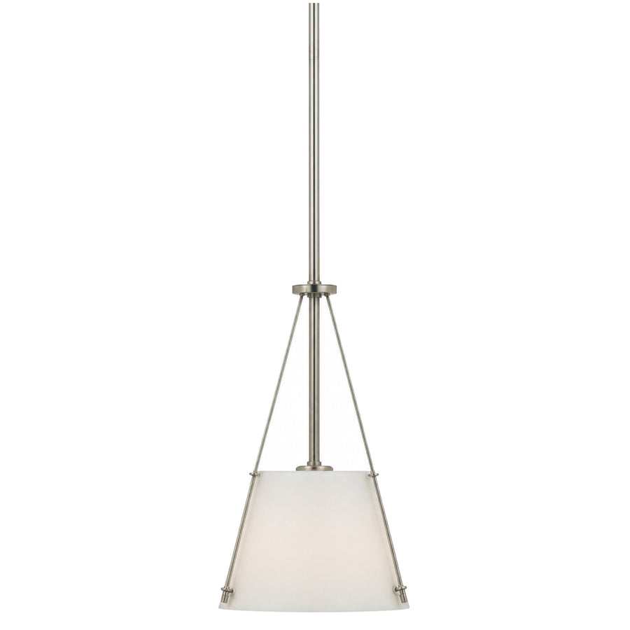 Millennium pendant with a white tapered shade inside slender pewter-tone triangular supports.