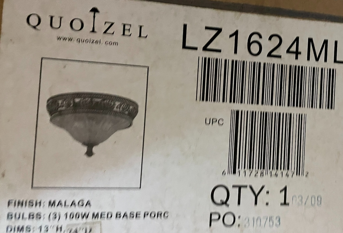 Quoizel LZ1624ML carton label showing Malaga finish, dimensions, lamping and UPC