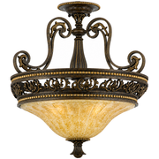 Quoizel Lorenza LZ1726ML semi-flush ceiling light with ornate scroll supports, a beaded band and fluted warm-toned bowl