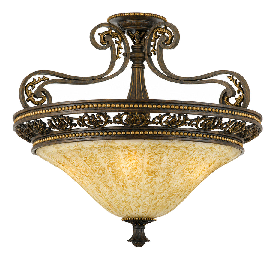 Quoizel ornate semi-flush ceiling light with amber mottled bowl, pierced rim and scrolling supports.