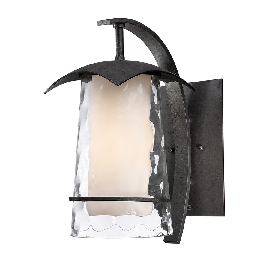 Mayfair wall lantern with a dark sweeping support, curved roof and rippled clear outer glass.