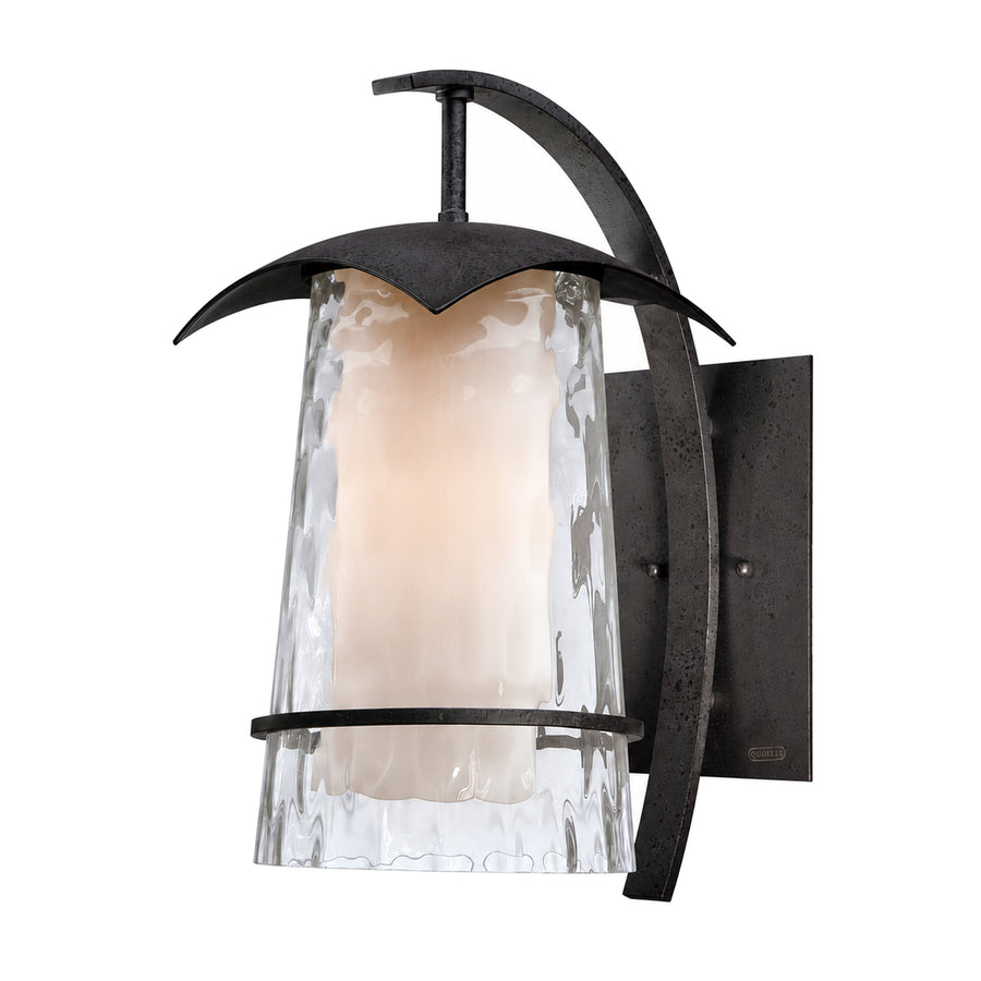 Tall Mayfair wall lantern with a curved dark roof and support around layered pale and clear rippled glass.