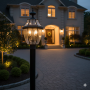 Quoizel Newbury post lantern showing its solid brass multi-pane lantern body
