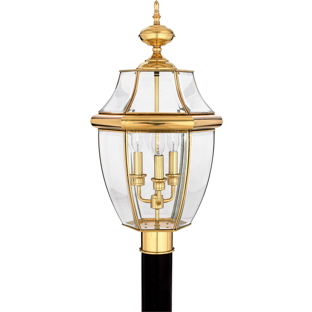 Quoizel Newbury NY9043B three-light outdoor post lantern in polished brass with clear beveled glass