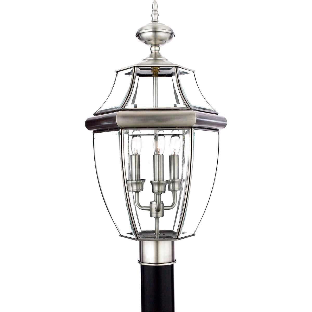 Quoizel Newbury NY9043P three-light outdoor post lantern in pewter with clear beveled glass