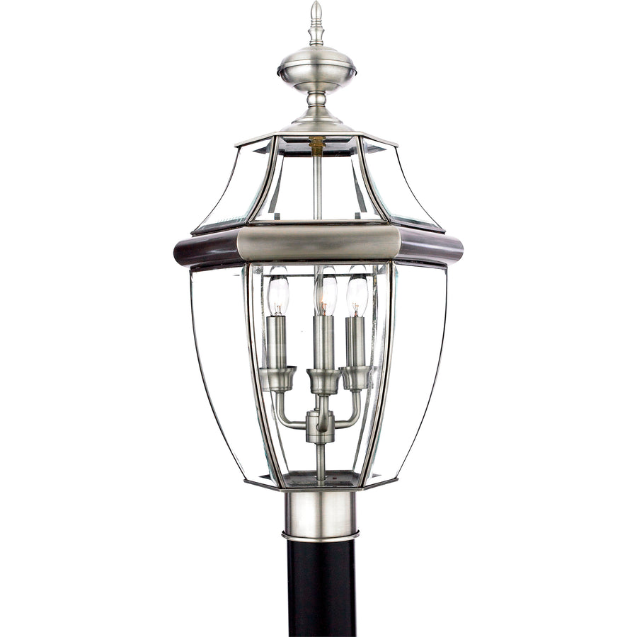 Quoizel Newbury NY9043P three-light outdoor post lantern in pewter with clear beveled glass