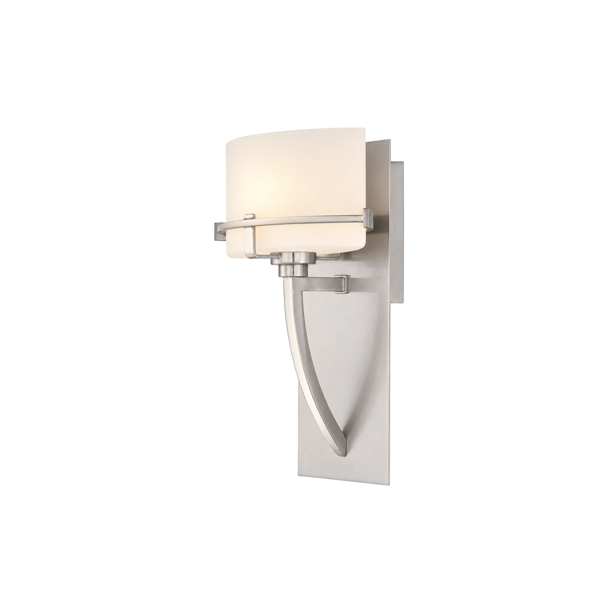 Quoizel Nolan wall sconce with a pale curved shade and bowed brushed nickel support.