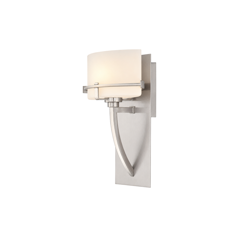 Quoizel Nolan wall sconce with a pale curved shade and bowed brushed nickel support.