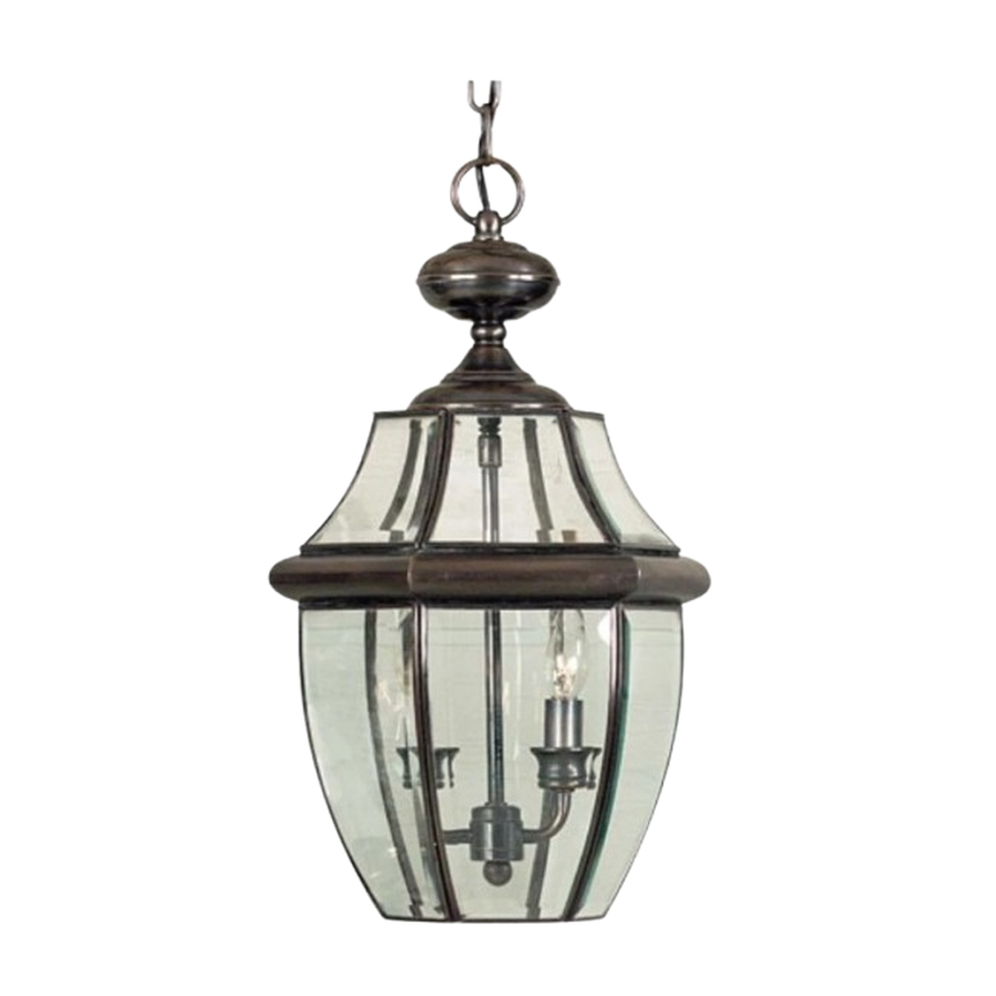 Quoizel Newbury hanging lantern showing its warm frame and two candle lights