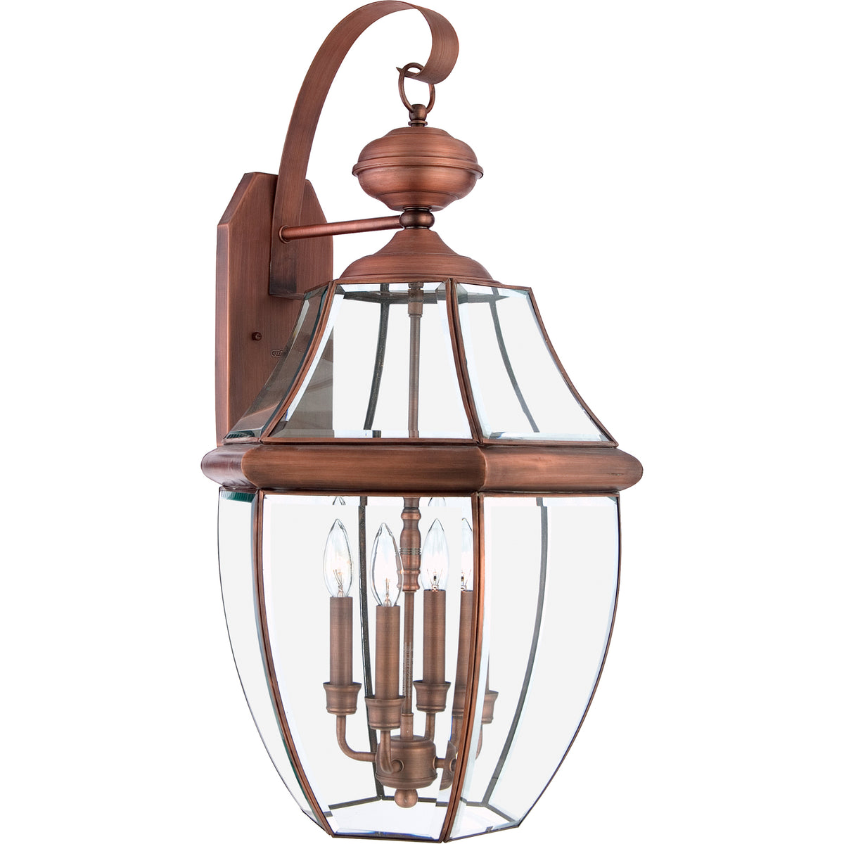 Quoizel Newbury NY8339AC aged copper wall lantern with a curled support arm and clear tapered glass enclosure