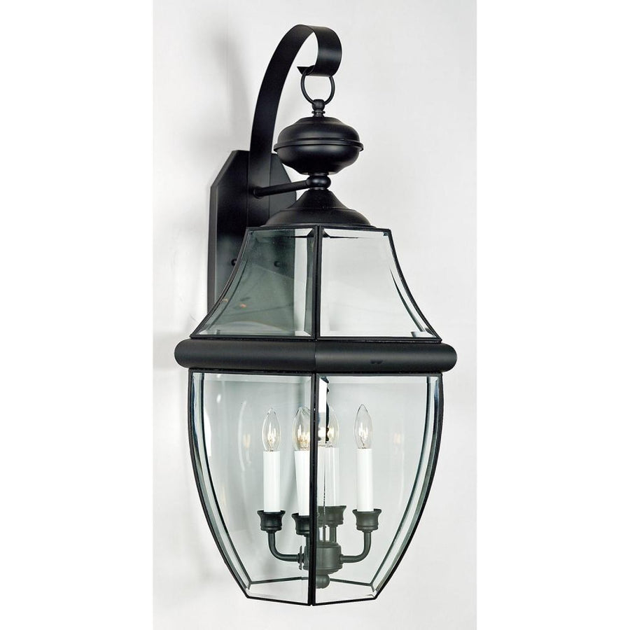 Quoizel Newbury black outdoor wall lantern with clear panels and four candle lights