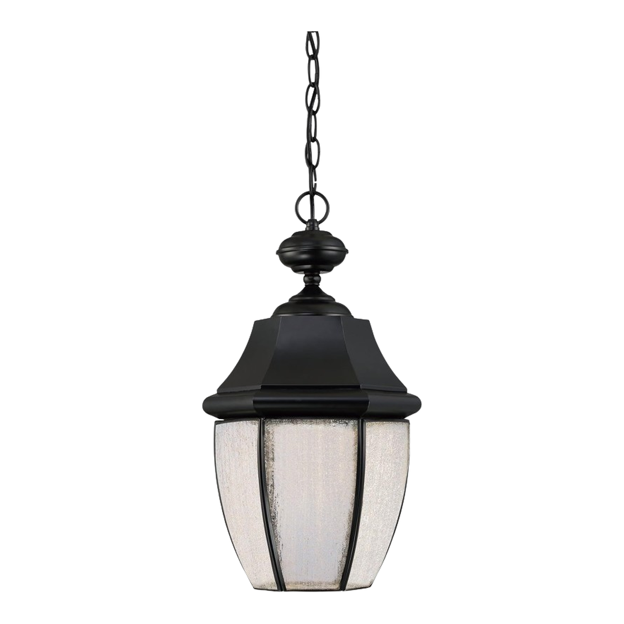Newbury outdoor lantern with chain suspension and a shaped roof
