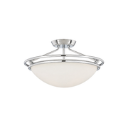 Quoizel Ashland semi-flush ceiling light with a pale bowl shade and circular chrome metalwork