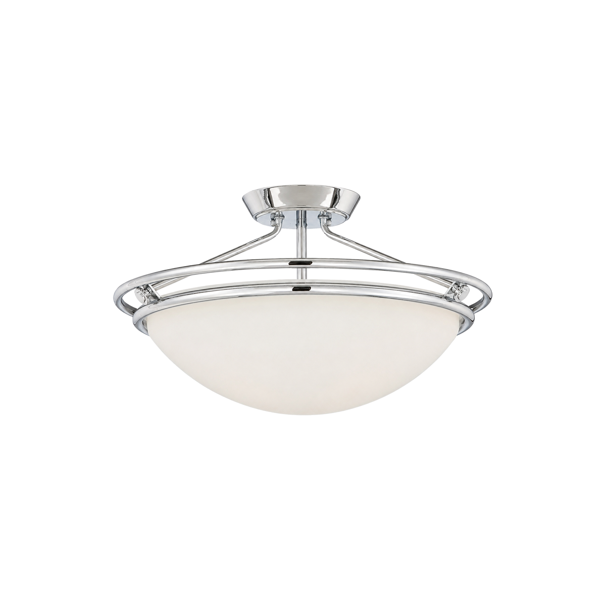 Quoizel Ashland semi-flush ceiling light with a pale bowl shade and circular chrome metalwork