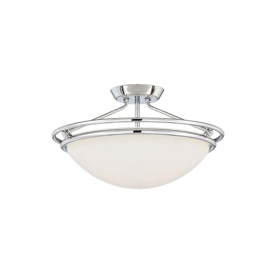 Quoizel Ashland semi-flush ceiling light with a pale bowl shade and circular chrome metalwork