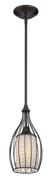 Rod-hung pendant with an elongated bronze cage around a pale textured cylinder and clear decorative details.
