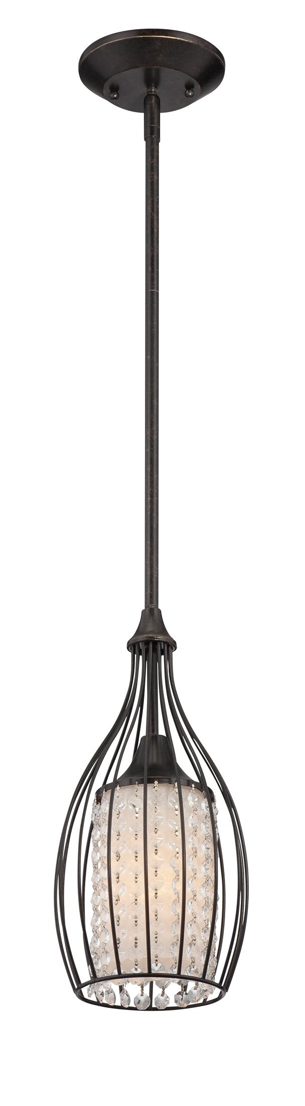 Rod-hung pendant with an elongated bronze cage around a pale textured cylinder and clear decorative details.