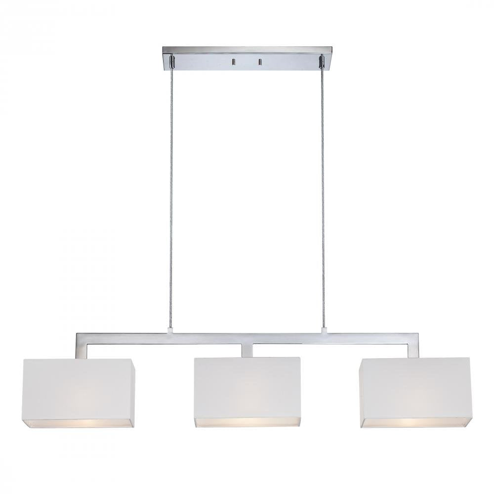 Quoizel Remi island pendant with three rectangular white shades and a linear chrome frame.