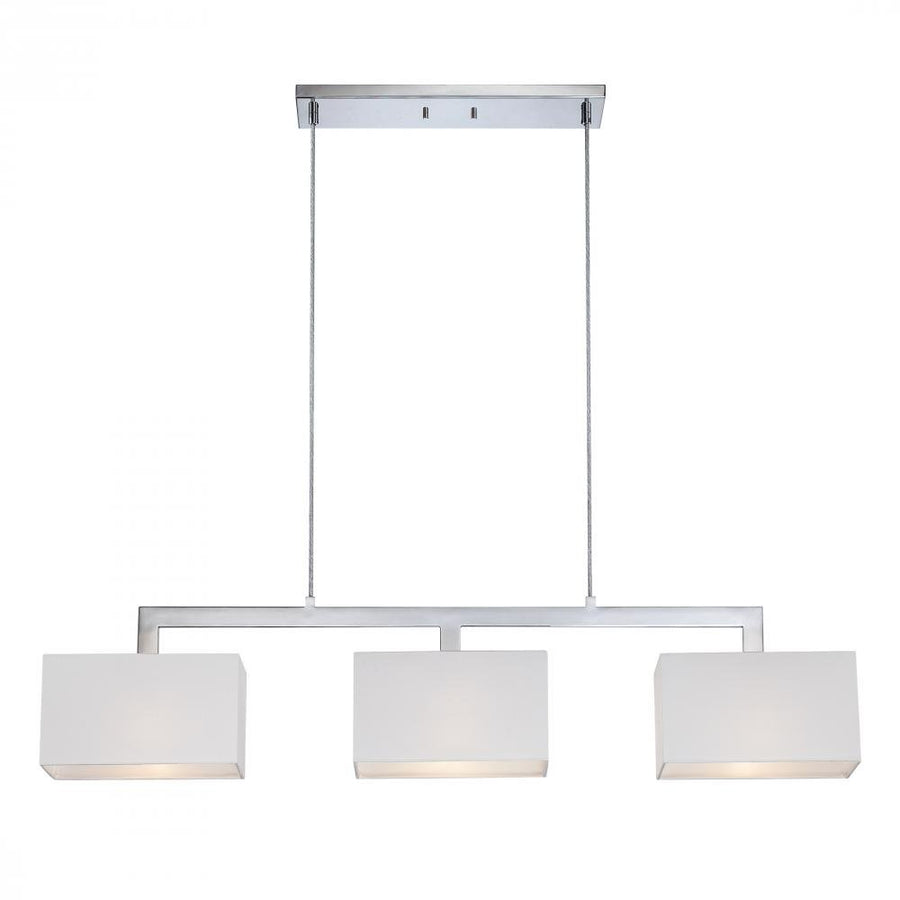 Quoizel Remi island pendant with three rectangular white shades and a linear chrome frame.