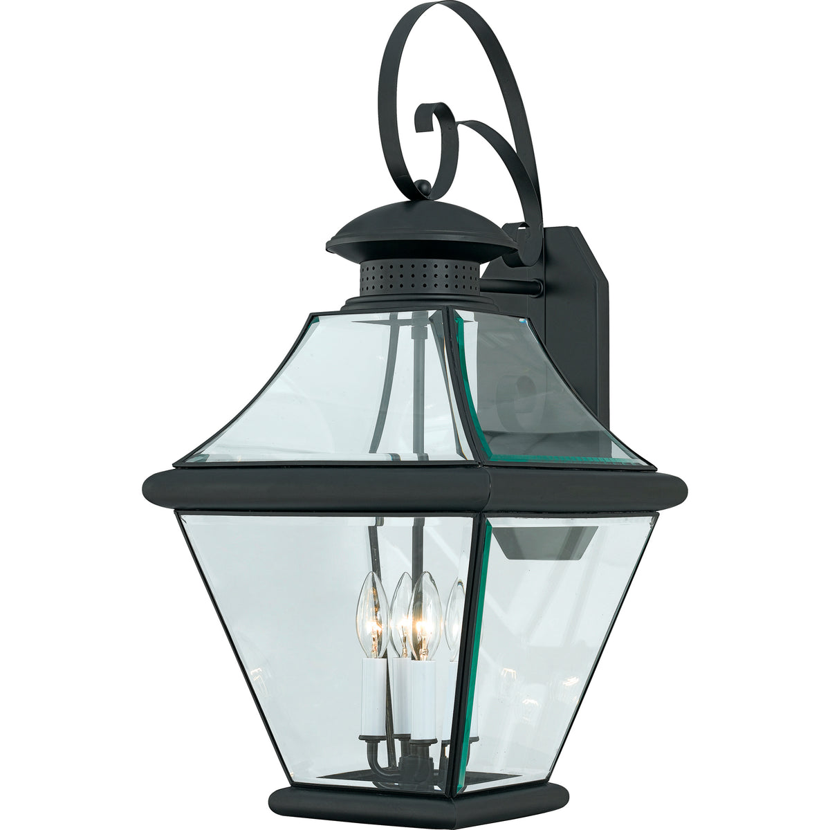 Quoizel Rutledge RJ8414K lantern showing the Mystic Black frame, tapered panels and candle-style centre
