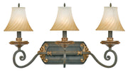 Quoizel Serafina SF8603MH vanity light with three pale bell shades, curled arms and warm decorative accents