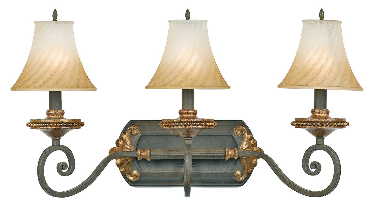 Quoizel Serafina SF8603MH vanity light with three pale bell shades, curled arms and warm decorative accents