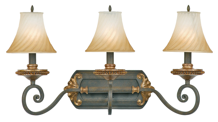 Quoizel Serafina SF8603MH vanity light with three pale bell shades, curled arms and warm decorative accents