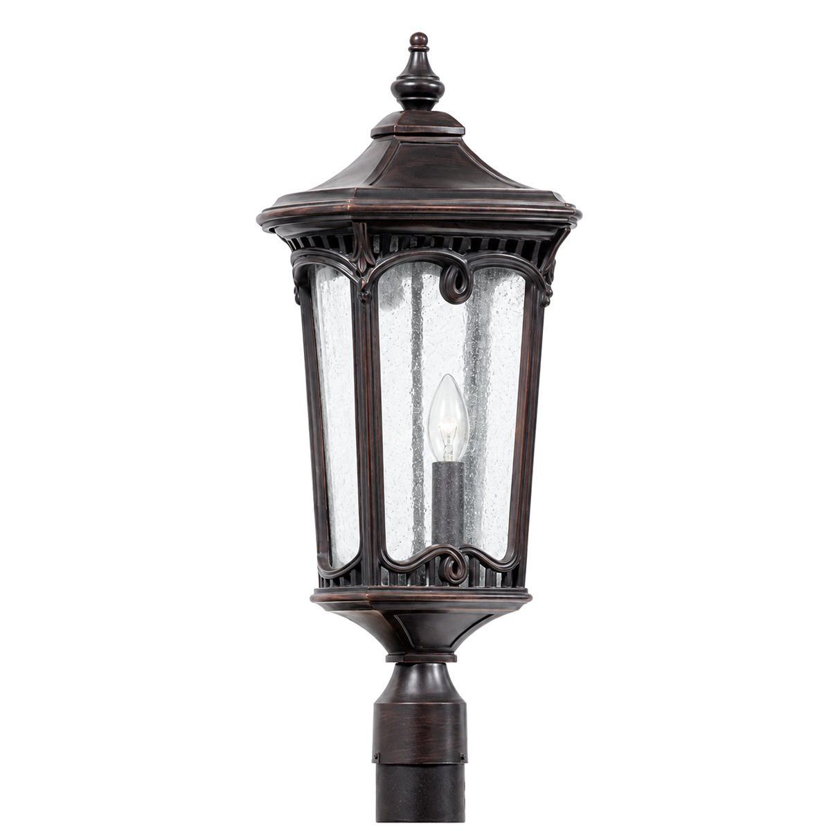 Quoizel South Brook SK9012OR post lantern with seeded glass, decorative scrollwork and a single candle-style bulb