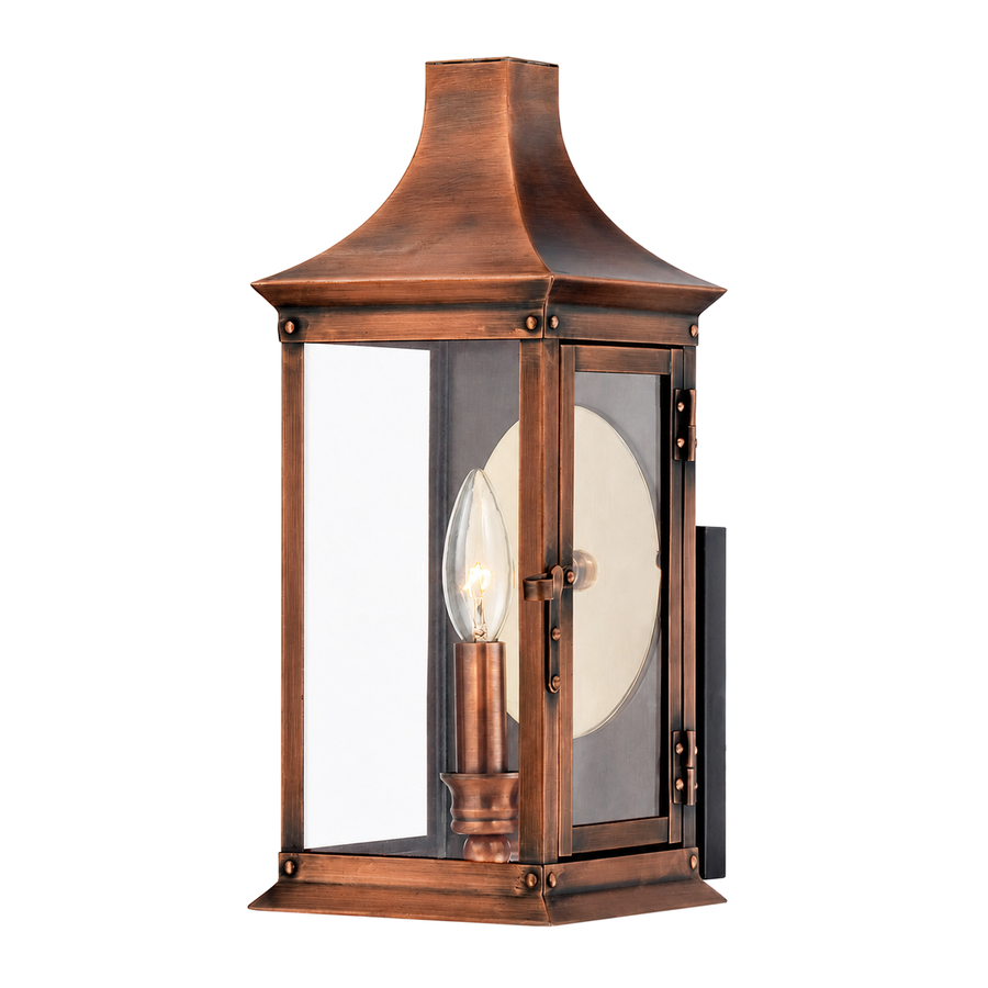 Quoizel Salem SLM8306AC wall lantern with an aged copper frame, clear glass and a single candle-style bulb