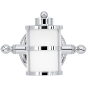 Quoizel Tranquil Bay wall sconce with white cylindrical glass and Polished Chrome cage detailing