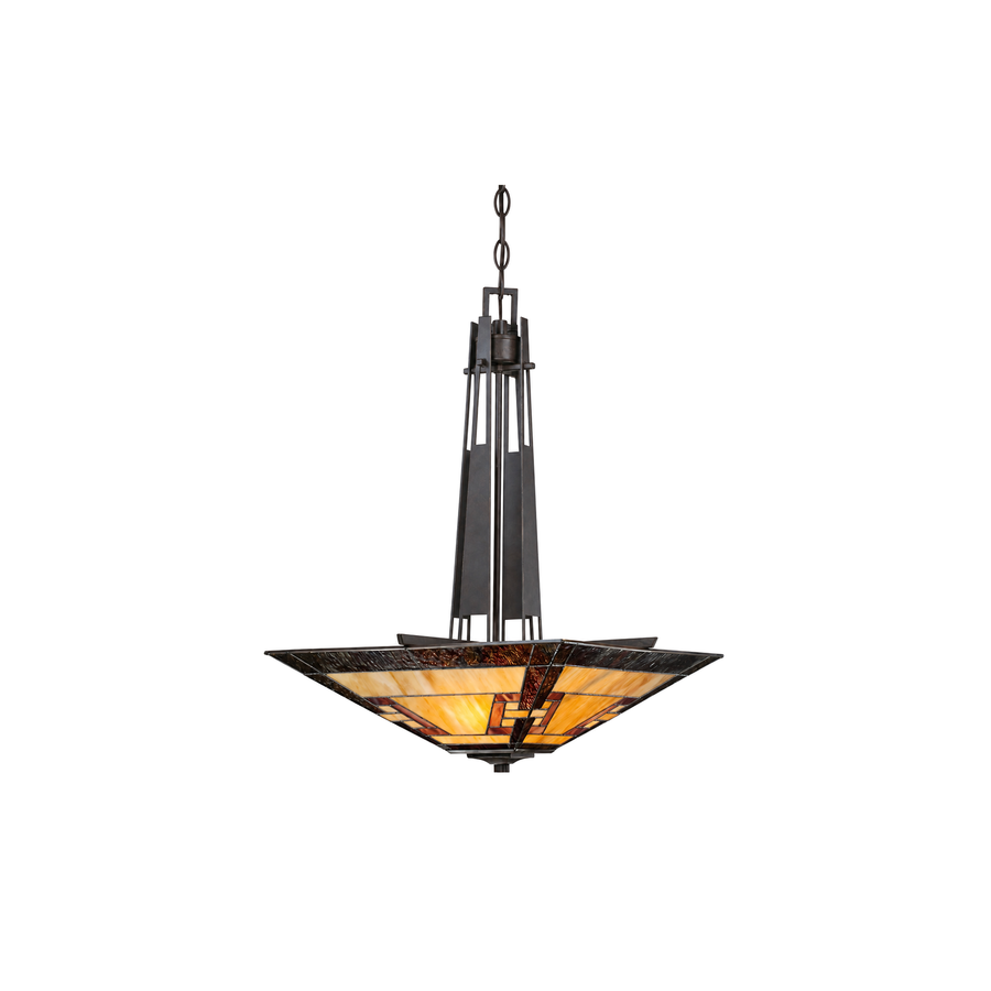 Kennedy pendant with a square tapered amber art-glass shade and dark rectilinear support frame.