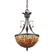 Quoizel TFPO5002VB bowl pendant with warm mosaic glass, a Vintage Bronze crown and decorative hanging accents