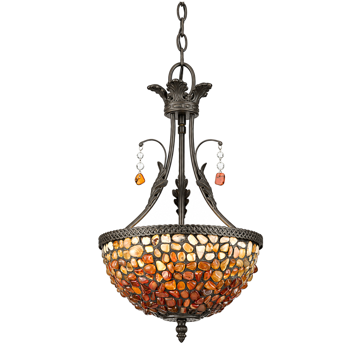Quoizel TFPO5002VB bowl pendant with warm mosaic glass, a Vintage Bronze crown and decorative hanging accents